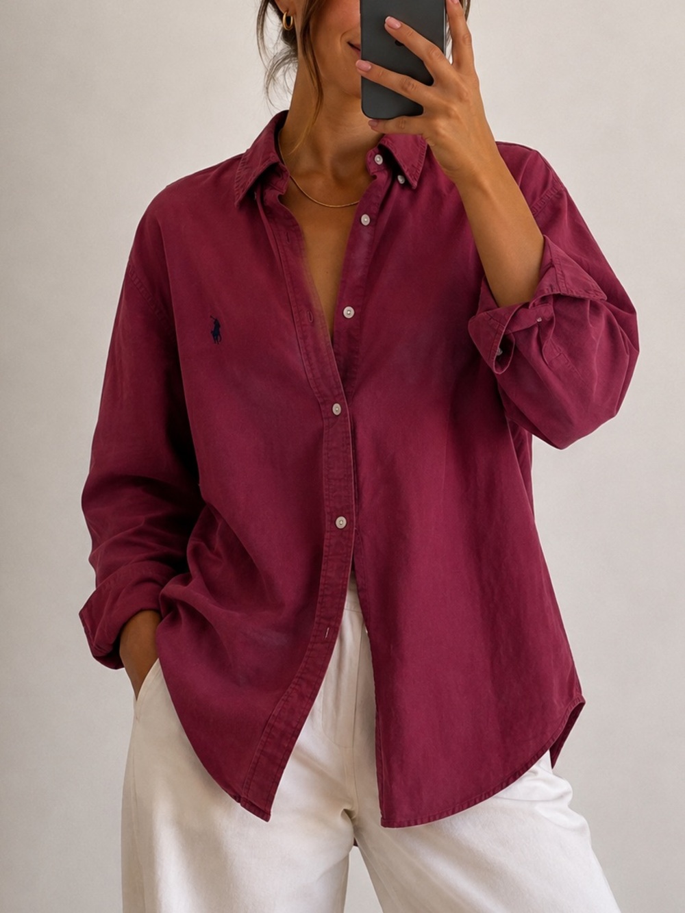 Ralph Lauren Oversized Button Up Shirt Size Large Women’s Cotton Burgundy Red